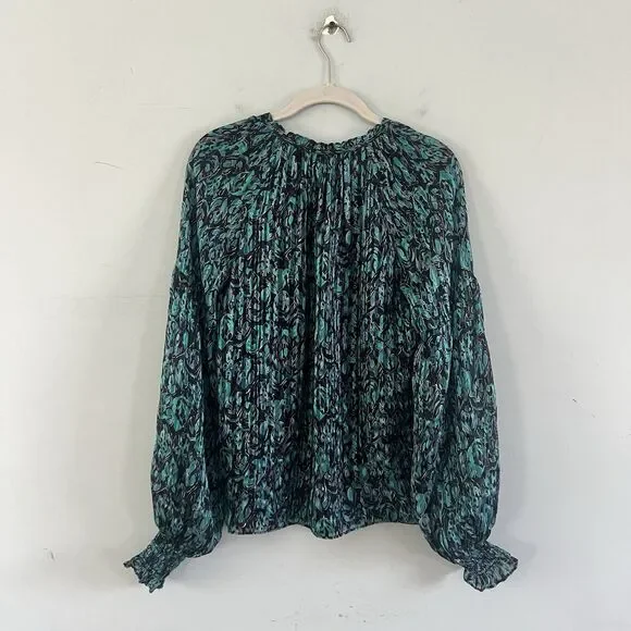 Ramy Brook Luanne Silk Pleated Smocked Teal Combo Long Sleeve Blouse